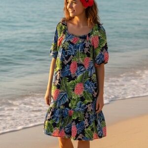 Vintage Hawaiian Puff Sleeves Dress XL Hilo Hattie Pockets Tiered Black Floral